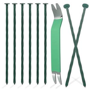 lot 1277 image: 50 Pack Metal Landscape Stakes, 8 Inch Artificial Turf Nails, 6 Gauge Large Landscaping Spikes, Green Edging Anchoring Staple for Garden Ground Grass Lawn Paver Timber Border Weed Barrier -8 Retail $25.99