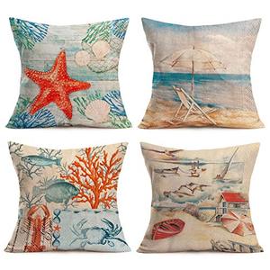 lot 1280 image: Set of 4 Retro Ocean Style Cushion Cover Case Vintage Farmhouse Pillow Case Sea Beach Marine Life and Sailboat Design Cotton Linen Throw Pillow Covers 22x22 Inches (4ps Retro Ocean, 22x22) Retail $23.31
