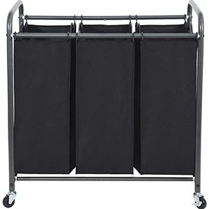 lot 1282 image: Laundry Sorter 3 Section, 3 Bag Rolling Hamper Laundry Cart Basket with Heavy Duty Lockable Wheels and Removable Bag for Clothes Storage, Black Retail $40.55