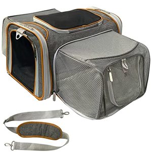 lot 1297 image: Platinum Series Double Expandable Airline Approved Soft Sided Pet Carrier, Luxury Travel Tote with Premium Self Locking Zippers, 18LX10.4WX11 H Retail $84.00