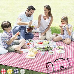 lot 1298 image: Picnic Blanket Waterproof Sandproof, 80x80 3-Layer Cute Compact Extra Large Machine Washable Foldable Beach Mat, Big XL Outdoor Blankets for Spring Summer Camping, Park, Grass(Pink and White) Retail $59.99