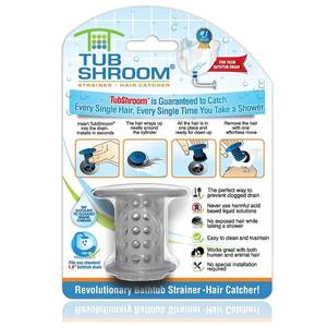 lot 1303 image: TubShroom Tub Hair Catcher Protector, Fits 1.5 - 1.75 Drain, Gray Retail $25.96