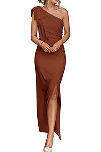 lot 1328 image: One Shoulder Long Formal Dresses Sleeveless Ruched Bodycon Wedding Guest Slit Maxi Dress (Coffee,Medium) Retail $48.61