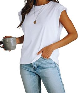 lot 1338 image: Womens Cap Sleeve Tank Top Crew Neck T Shirts Loose Fit Basic Summer Casual Tee Tops White