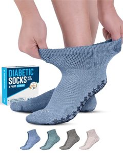 lot 1345 image: Diabetic Socks with Grips for Women and Men - 4 Pair  Green , Gray , Blue , Tan  Diabetic Ankle Socks  Retail $22.15