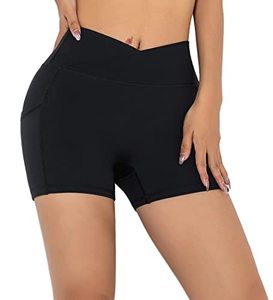 lot 1351 image: Workout Shorts Women Spandex High Crossover Waist Gym Athletic Yoga Running with Pockets(Black-M) Retail $12.25