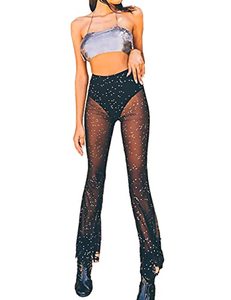 lot 1355 image: Womens Rave Mesh Sheer Sparkly Pants Sequin Flared Bell Bottom Pants Retail $17.51