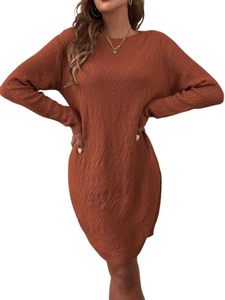 lot 1373 image: Knit Pullover Jumper Sweater Dress Solid Round Neck Short Sweater Dress Without Belt Drop Shoulder Burnt Orange Large Retail $52.39