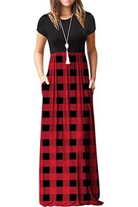 lot 1383 image: Short Sleeve Loose Plain Maxi Dresses Casual Long Dresses with Pockets FP Red Lattice Black-Medium Retail $32.40
