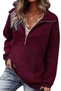 lot 1389 image: Long Sleeve Zipper V Neck Quilted Pattern Pocket Sweatshirt Casual Ladies Pullovers Shirts Tops Wine Red large Retail $29.77