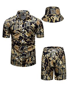 lot 1395 image: fohemr Mens Luxury Outfit Set Black Gold Shirts and Shorts 2 Piece Chain Print Set Baroque Button Down Casual Suit 3X-Large Retail $37.57