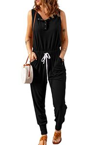 lot 1399 image: Sleeveless Solid Jumpsuit Crewneck Drawstring Waist Stretchy Long Pants Romper (Button Down-Black,Medium) Retail $31.54