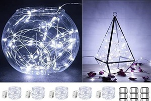 lot 1183 image: LED Fairy Lights Battery Operated String Lights 5 Pack, 7.2ft 20 Mini LED Lights Battery Powered White Twinkle Lights  Waterproof Copper Wire Lights Firefly Lights Mason Jars, Cool White Retail $22.97