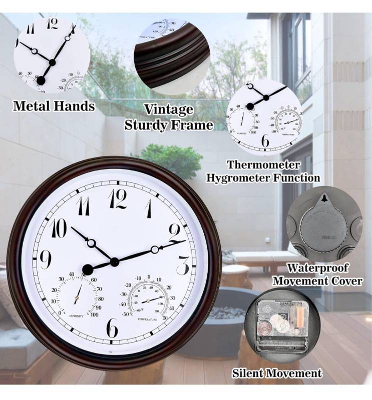 15 Inch Indoor/Outdoor Waterproof Wall Clock, Outdoor Clock with  Thermometer and Hygrometer Combo, Retro Round Silent Battery Operated  Quartz Wall