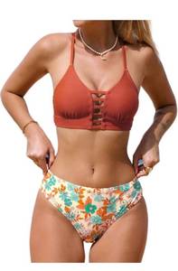 lot 457 image: Size Large. CUPSHE Womens High Waisted Two Piece Floral Strappy Self Back Tie Bikini Set