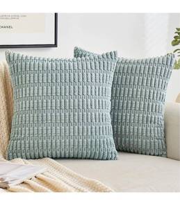 lot 499 image: EMEMA Corduroy Decorative Throw Pillow Covers 16x16 Inch Soft Striped Corduroy Square. Pack of 2, Greyish Green