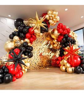 lot 503 image: Red Black Gold Balloons Arch kit with 3pcs Starburst Balloons, Red Black and Gold Balloons Garland