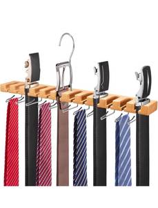 lot 514 image: CPPDEL Tie Rack Tie Hanger Wooden Wall Mounted, 2-in-1 Belt Hanger Tie Organizer for Closet with 360° Rotatable Hooks, Belts Scarves Accessories