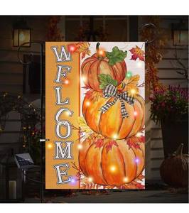 lot 546 image: PINATA Light up Pumpkin Fall Garden Flag, Solar LED Lighted Flag 12 X 18 Double Sided,