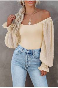 lot 564 image: Large- Zeagoo Womens Square Neck Puff Long Sleeve Bodysuit Off Shoulder Leotard Sheer Polka Dot Sleeve Top