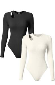 lot 655 image: LARGE. - OQQ Womens 2 Piece Bodysuits Sexy Ribbed Round Neck Long Sleeve Shoulder Hollowed Out Tops Bodysuits