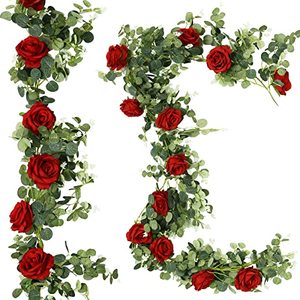 lot 659 image: Trimgrace 6.56 Feet Artificial Eucalyptus Garland with Burgundy Roses Faux Greenery Eucalyptus Leaves Rose Vine for Wedding Garland Table Runner Centerpiece DIY Wreath Decor