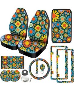 lot 687 image: Tallew 12 Pcs Abstract Hippie Flower Car Accessories Set, 2 Pcs Car Seat Covers Steering Wheel Cover