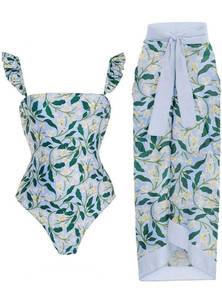 lot 701 image: Size Medium.&nbsp &nbspWomens One Piece Swimsuit with Beach Cover up Wrap Skirt Sarong Retro Floral Print Bikini Set Two Piece Bathing Suit RETAILS $40