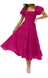 lot 736 image: LARGE��LEANI Womens 2023 Summer Square Neck A-Line Midi Dress Puff Sleeve Smocked Flowy Tiered Long Dress