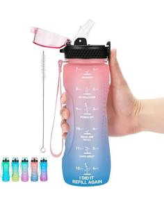 lot 796 image: AIDEAMART 24 OZ Motivational Kids Water Bottle With Time Marker,Straw Lid,Leak Proof, Tritan BPA Free Sports Water Bottle Pink-Blue(2 lids)