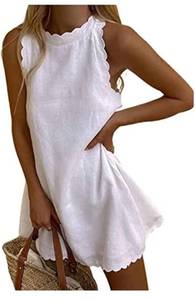 lot 803 image: Small FSCONAGE Women Sleeveless Tank Mini Dress Solid Color Mock Neck Back Zipper Loose A-line Summer Beach Dresses Beachwear