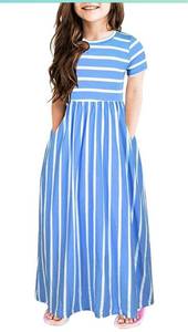 lot 806 image: Cute Kids Girls Short Sleeve Stripe Dress Summer Casual Loose Dresses Holiday Long Maxi Dress with Pockets 212Y