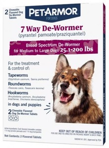 lot 844 image: PETARMOR 7 Way De-Wormer (pyrantel pamoate and praziquantel) for Medium and Large Dogs 25.1-200 lbs Chewable 2 Chewable Tablets
