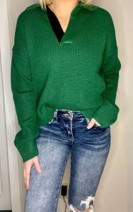 lot 865 image: Monrow Size small deep forest super soft knit waffle polo sweater RETAILS $138