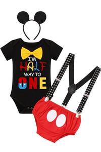 lot 894 image: IMEKIS Baby Boy Mouse 12 First Birthday Outfit Romper  Suspenders  Pants  Headband Half Way to One Cake Smash Photo Shoot