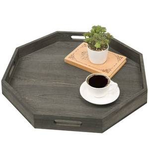 lot 1858 image: MyGift Vintage Gray Wood Decorative Tray, Geometric Octagon Shaped Coffee Table Serving Tray with Cutout Handles