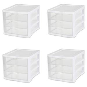 lot 1862 image: Sterilite 3 Drawer Desktop Storage Unit, Tabletop Organizer for Desk, Countertop at Home, Office, Bathroom, White with Clear Drawers, 4-Pack