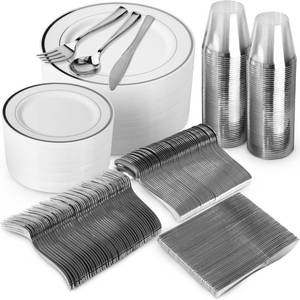lot 1924 image: 600 Piece Silver Dinnerware Set �� 200 White and Silver Plastic Plates �� Set of 300 Silver Plastic Silverware �� 100 Silver Plastic Cups �� Silver Dinnerware Set for Party or Wedding up to 100 Guests