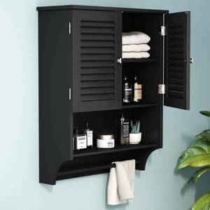 lot 3233 image: ChooChoo Bathroom Wall Cabinet with Towels Bar, 23.6 L x8.9 W x29.3 H MDF Material Medicine Cabinet, 2 Doors Over The Toilet Space Saver Storage Cabinet with Large Space, Black