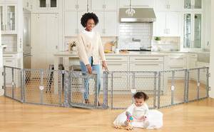 lot 3237 image: Regalo Plastic 192-Inch Super Wide Adjustable Baby Gate and Play Yard with Door, Award Winning Brand, 2-in-1, Bonus Kit, Includes 4 Pack of Wall Mounts, Gray