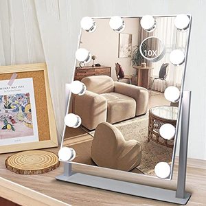 lot 3256 image: SLIMOON Hollywood Vanity Mirror with Lights, 12 Dimmable LED Bulbs Lighted Makeup Mirror with Detachable 10X Magnification Mirror, 1000mAh Rechargeable, 3 Color Lights, Touch Control