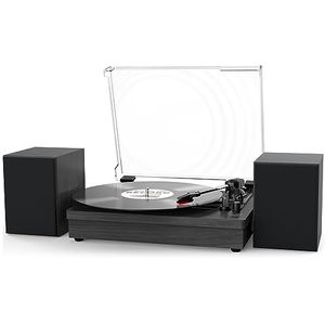 lot 3262 image: WOCKODER Record Player with Dual Stereo Speakers, Vinyl Record Player with 3 Speed Support Wireless Connection RCA Output Aux in USB Vintage Design Turntable Black