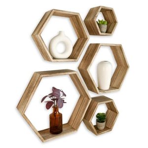 lot 3283 image: LION HEARTED Hexagon Shelves Set of 5 �� Wall Mounted Wood Floating Shelves �� Decorative Honeycomb Hanging Display Shelf for Bedroom, Living Room, Kitchen & Office - Modern Farmhouse D�cor Storage