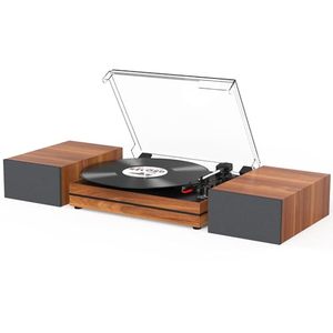 lot 3297 image: Vintage Record Player for Vinyl with External Speakers Belt-Drive Turntable with Dual Stereo Speakers 3 Speed Wireless AUX Headphone Input Auto Stop