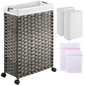 lot 3302 image: Greenstell Laundry Hamper with Wheels, 30L Slim Laundry Basket with 2 Removable Liner Bags & 2 Mesh Bags, Narrow Dirty Clothes Basket, Handwoven Synthetic Rattan Organizer in Bathroom, Bedroom, Grey