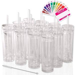 lot 3304 image: STRATA CUPS 12 Pack Skinny Clear Tumblers with Lid and Straw Bulk - 16oz Double Wall White Acrylic Tumblers With FREE Straw Cleaner & Name Tags Clear Reusable Cup, Large Clear tumblers for Parties