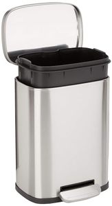 lot 3313 image: Amazon Basics Smudge Resistant Small Rectangular Trash Can With Soft-Close Foot Pedal, Brushed Stainless Steel, 5 L 1.32 Gallon, Satin Nickel Finish, 7.3 x 8.5 x 11.8 inches (LxWxH)