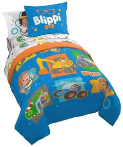 lot 3344 image: Jay Franco Blippi & Meekah Trucks Full Comforter Set - 7 Piece Blue Bedding Sheet Set & Pillow Covers - Super Soft Microfiber Bed Set