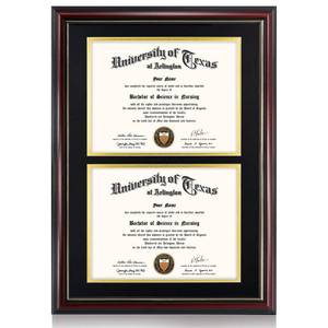 lot 3350 image: GraduationMall Double 8.5x11 Diploma Frame,Solid Wood & UV Protection Acrylic,Cherry Finish with Gold Trim,Black & Gold Mat