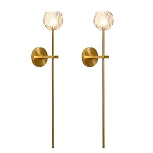 lot 3353 image: BOKT Mid Century Modern Gold Crystal Wall Sconce Set of Two Brushed Brass Gold Long Wall Sconce Lighting Set of 2 Vintage Rustic Clear Glass Wall Lamp for Bedroom Bedside